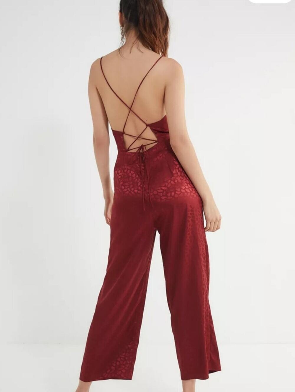 Urban Outfitters Jacquard Leopard Print Lace Open Back Jumpsuit
